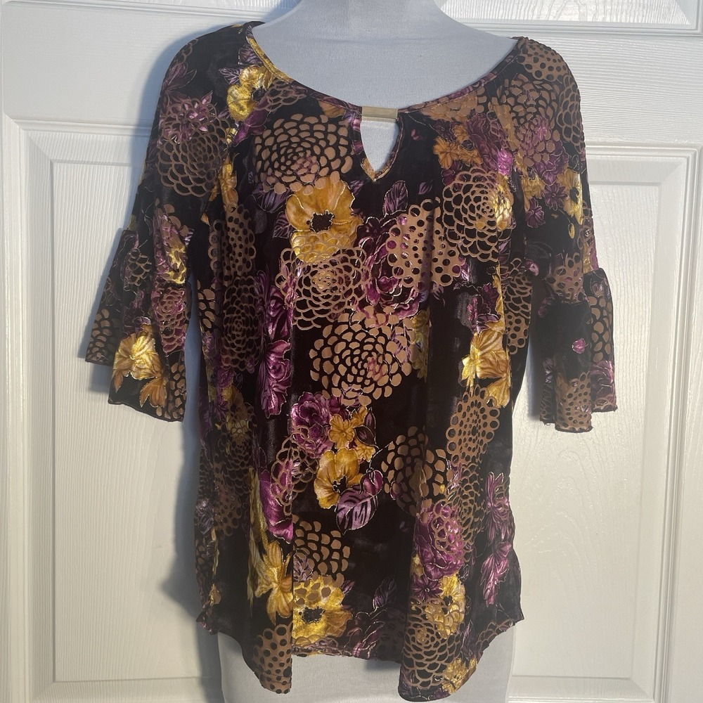 Vintage Y2K Espresso Shirt‎ Women M Black Floral Velvet Burnout Whimsigoth Top